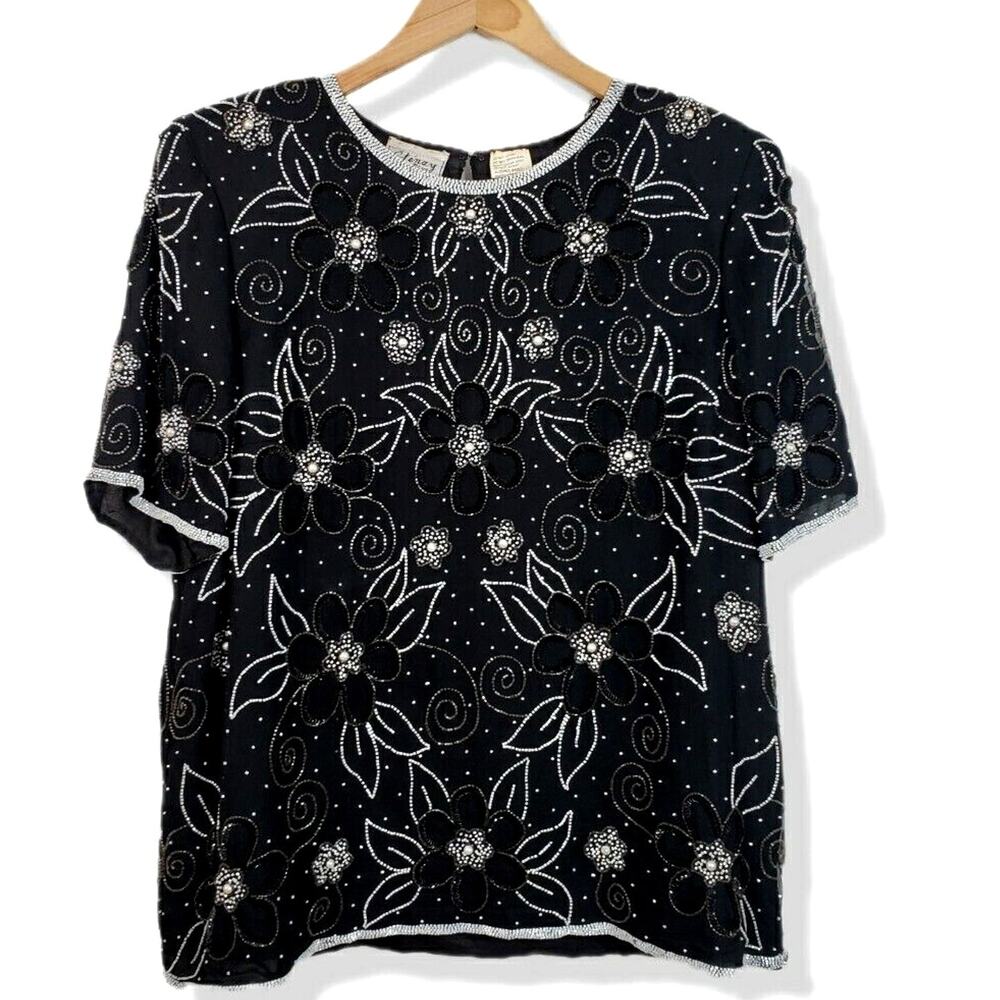 80s Women Black Silk Bead Sequin Blouse Top XL Cocktail Party Wedding Guest Glam